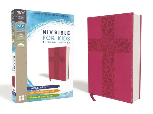 Niv, Bible pro děti, velký tisk, kožená, růžová, červené písmo, pohodlný tisk: Vydání s tenkou linkou - Niv, Bible for Kids, Large Print, Leathersoft, Pink, Red Letter, Comfort Print: Thinline Edition