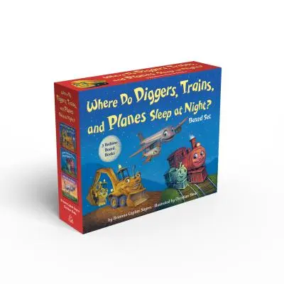 Kde spí v noci bagry, vlaky a letadla? Sada deskových knih v krabičce - Where Do Diggers, Trains, and Planes Sleep at Night? Board Book Boxed Set
