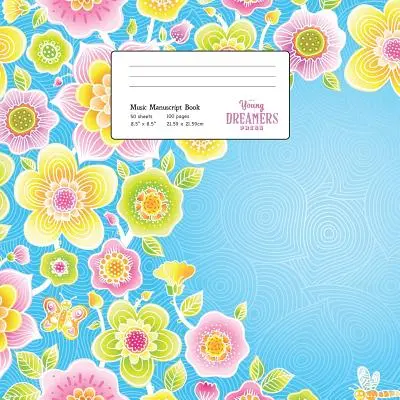 Hudební rukopisný sešit: Květinový vzor na modrém, velkém dětském papíře. - Music Manuscript Book: Floral Pattern on Blue, Large Kids Stave Paper
