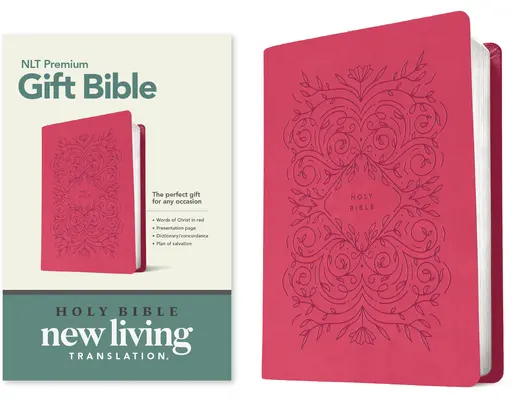 Prémiová dárková bible NLT (červené písmo, kožená vazba, velmi bobulově růžová réva) - Premium Gift Bible NLT (Red Letter, Leatherlike, Very Berry Pink Vines)