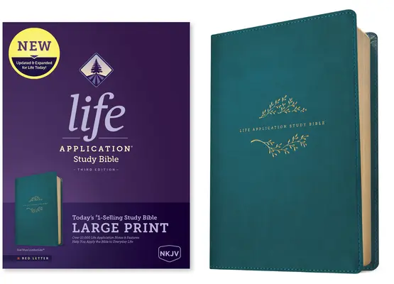 NKJV Life Application Study Bible, třetí vydání, velký tisk (červené písmo, kožená vazba, modrá barva) - NKJV Life Application Study Bible, Third Edition, Large Print (Red Letter, Leatherlike, Teal Blue)