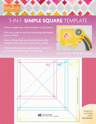 fast2cut 3 v 1 Jednoduchá šablona čtverců - snadné řezání čtverců o velikosti 3 1/2 “, 4 1/2 “ a 5 1/2 “ - fast2cut 3-in-1 Simple Square Template - Easily Cut 3 1/2 