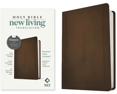 NLT Premium Value Compact Bible, edice s podporou vláken (kožená, tmavě hnědý rámovaný kříž) - NLT Premium Value Compact Bible, Filament-Enabled Edition (Leatherlike, Dark Brown Framed Cross)