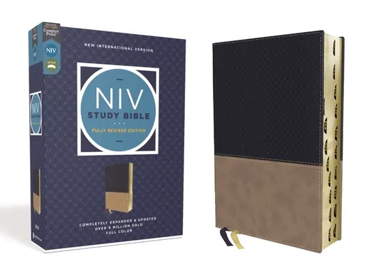 Studijní bible NIV, plně revidované vydání, kožená měkká vazba, námořnická/tanová barva, červené písmo, indexováno palcem, pohodlný tisk - NIV Study Bible, Fully Revised Edition, Leathersoft, Navy/Tan, Red Letter, Thumb Indexed, Comfort Print