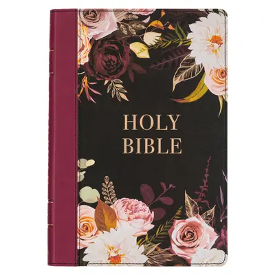 Bible svatá KJV, tenká řada s velkým výtiskem z umělé kůže, vydání s červenými písmeny - index na palec a značka na stuze, verze krále Jakuba, černá/vínová s květinovým potiskem - KJV Holy Bible, Thinline Large Print Faux Leather Red Letter Edition - Thumb Index & Ribbon Marker, King James Version, Black/Burgundy Printed Floral